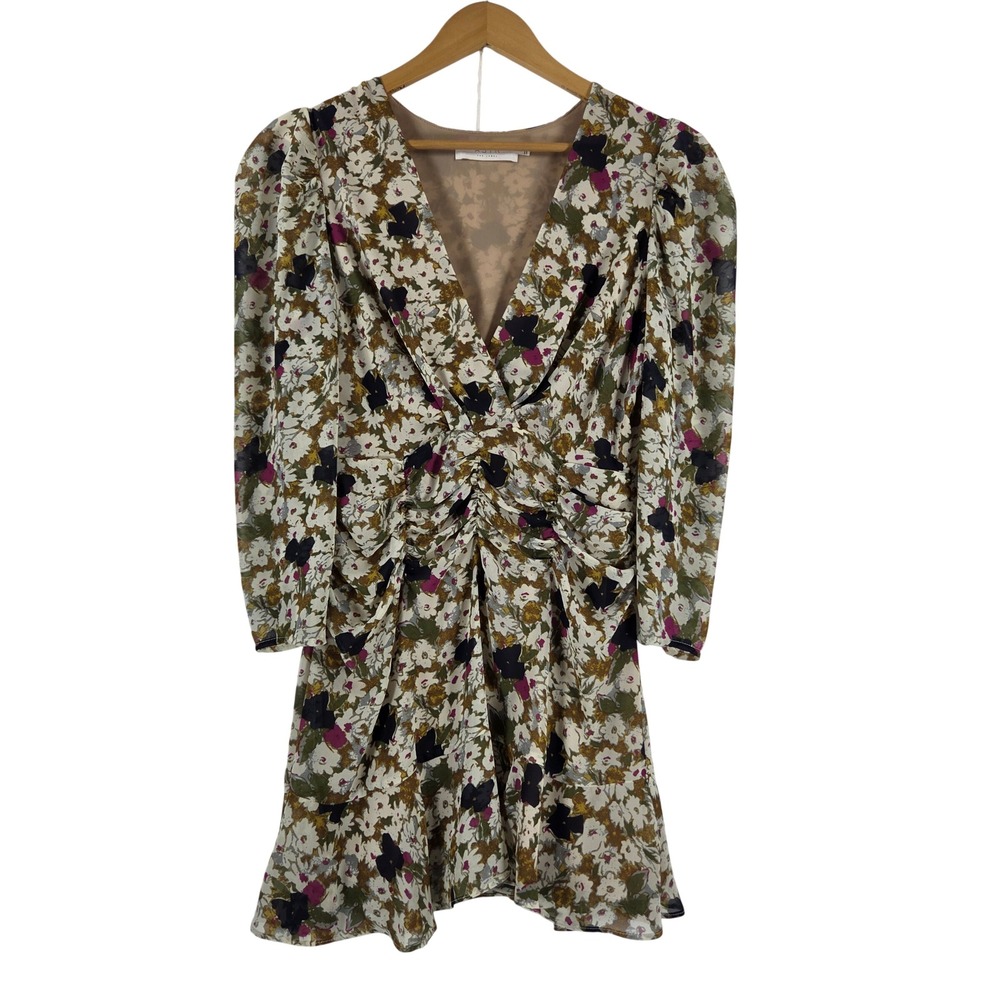 ASTR The Label Floral V-Neck Ruched Mini Dress Cream Purple Size M Quiet Luxury